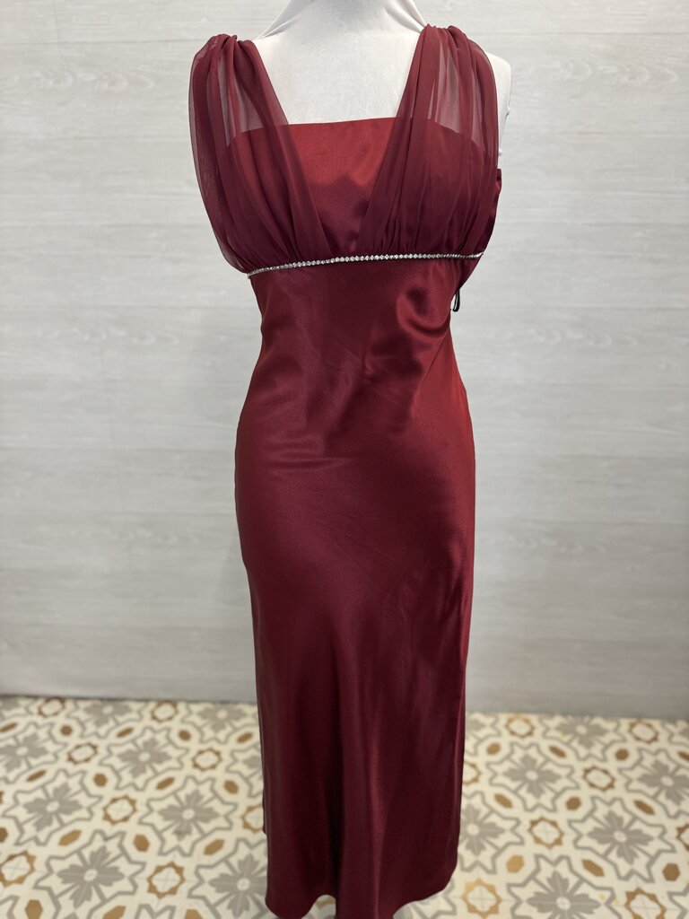 Fiesta Red Silky V Neck Embellished Detail Long Formal Dress Small