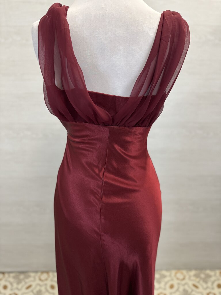 Fiesta Red Silky V Neck Embellished Detail Long Formal Dress Small