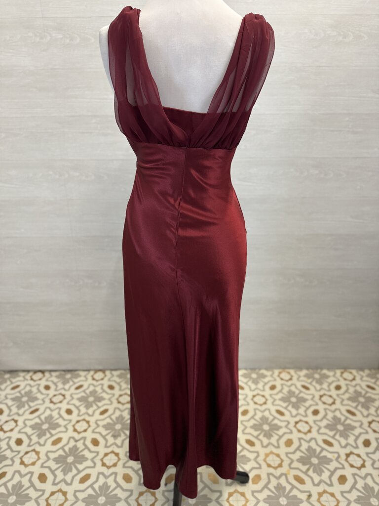 Fiesta Red Silky V Neck Embellished Detail Long Formal Dress Small