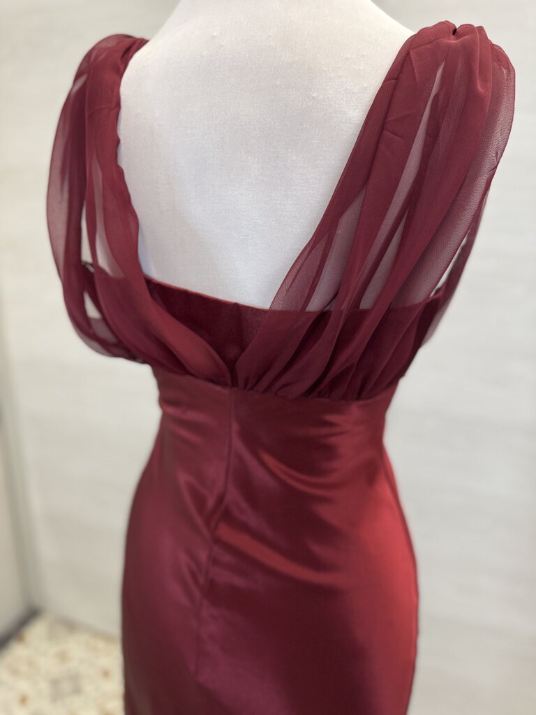 Fiesta Red Silky V Neck Embellished Detail Long Formal Dress Small