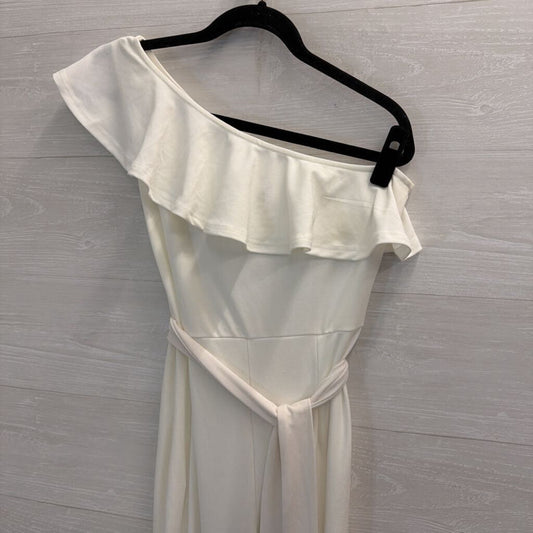 White Ruffle One Shoulder Tie Waist Jumpsuit Small