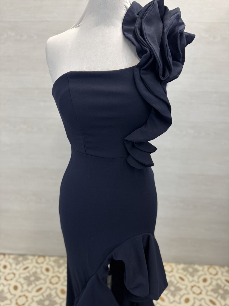 Emerald Sundae Navy Ruffle One Shoulder Hi Low Formal Dress Medium