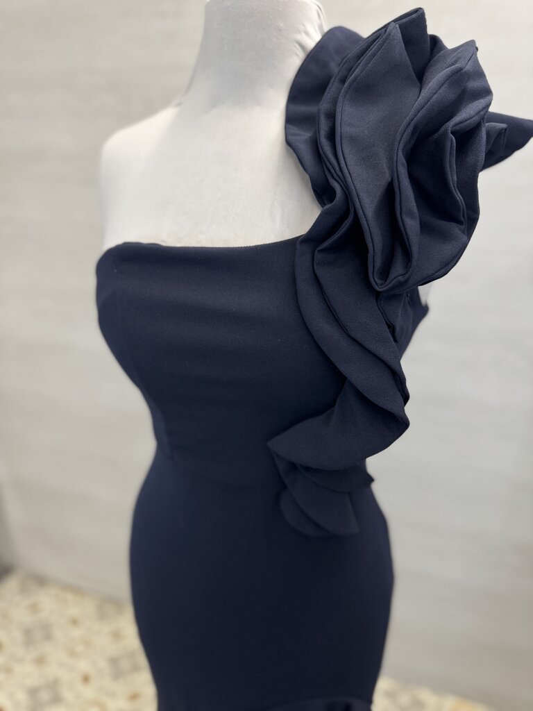Emerald Sundae Navy Ruffle One Shoulder Hi Low Formal Dress Medium