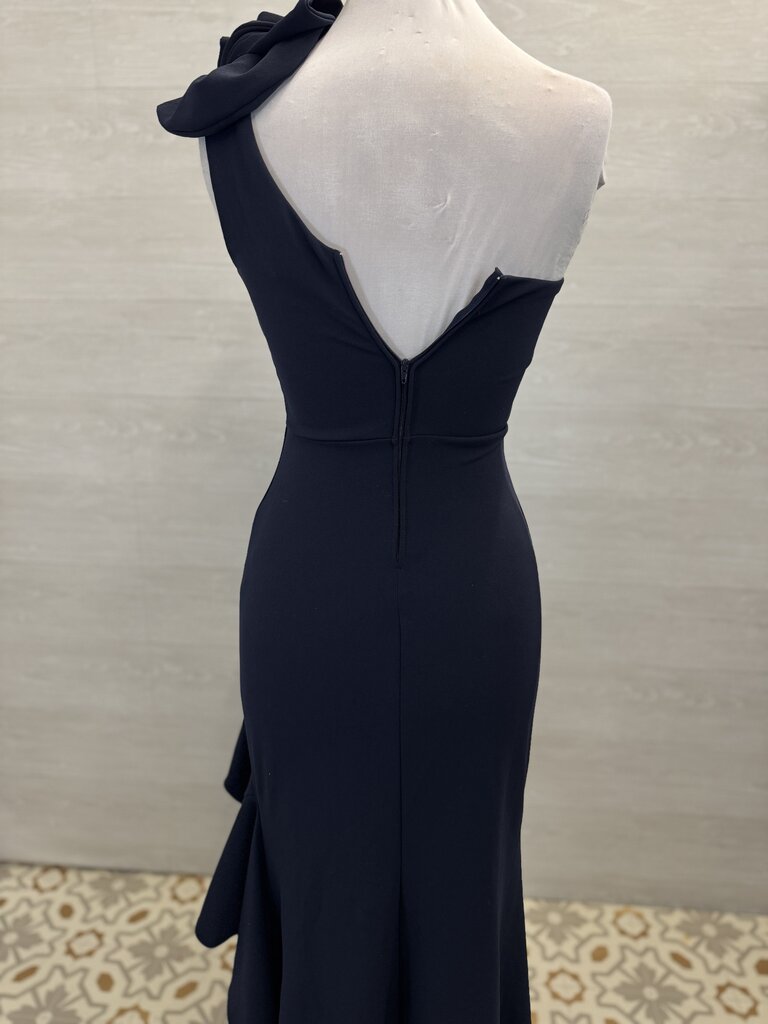 Emerald Sundae Navy Ruffle One Shoulder Hi Low Formal Dress Medium