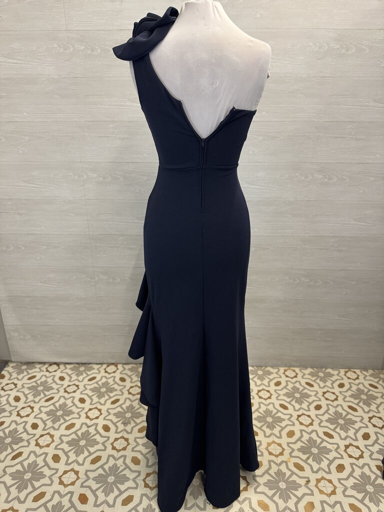 Emerald Sundae Navy Ruffle One Shoulder Hi Low Formal Dress Medium