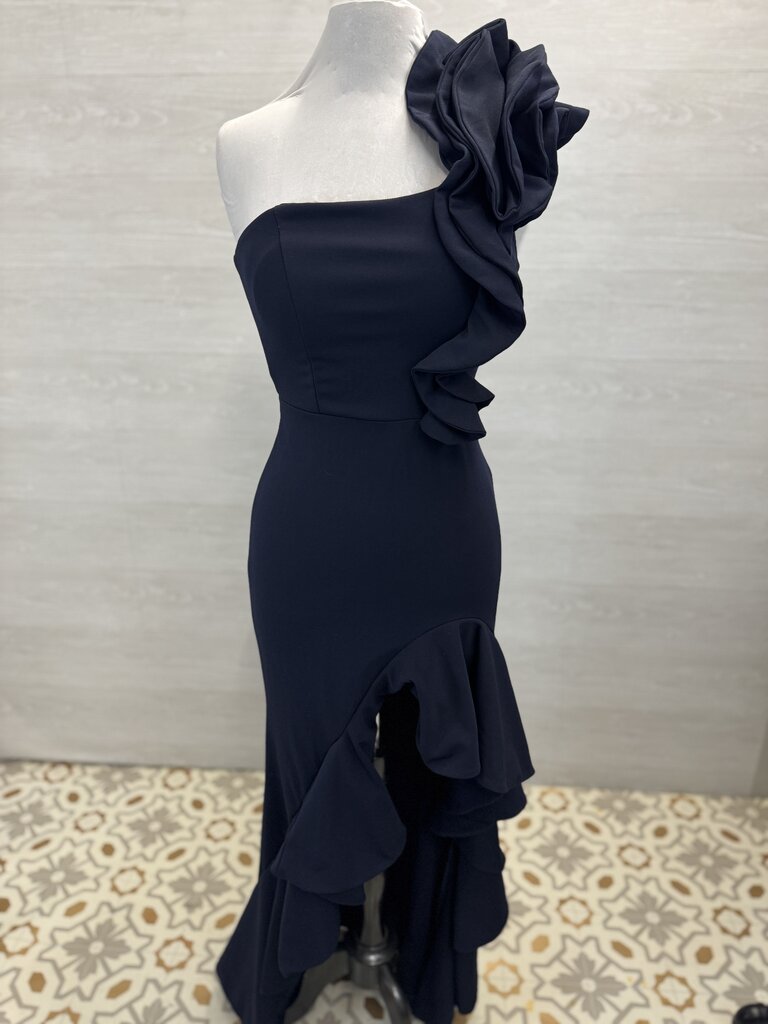 Emerald Sundae Navy Ruffle One Shoulder Hi Low Formal Dress Medium