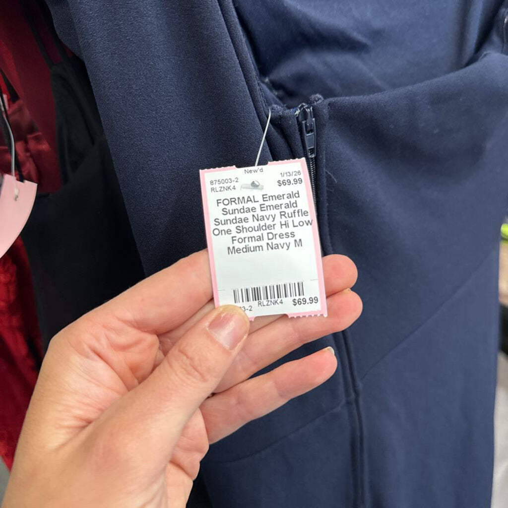 Emerald Sundae Navy Ruffle One Shoulder Hi Low Formal Dress Medium