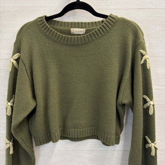 Altar'd State Green/ Cream Sleeve Detail Cropped Sweater Top Medium