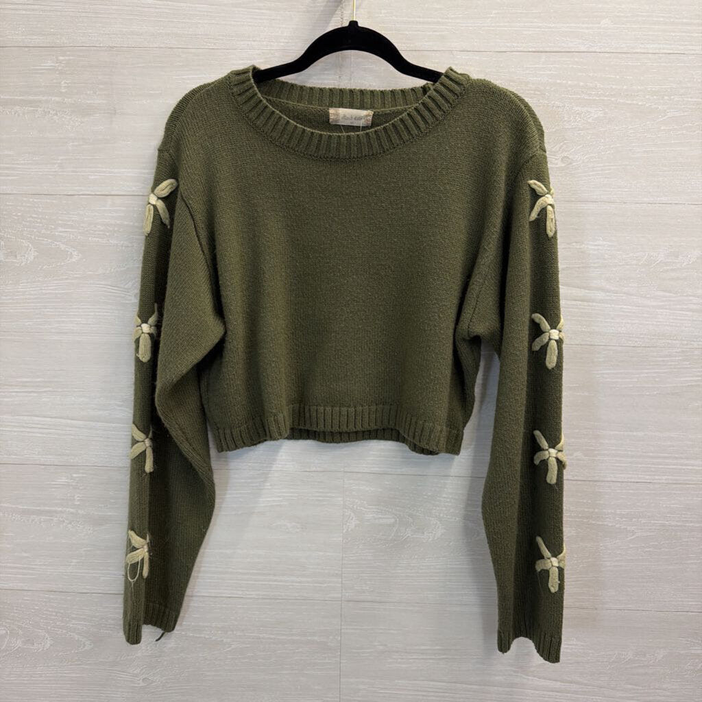 Altar'd State Green/ Cream Sleeve Detail Cropped Sweater Top Medium