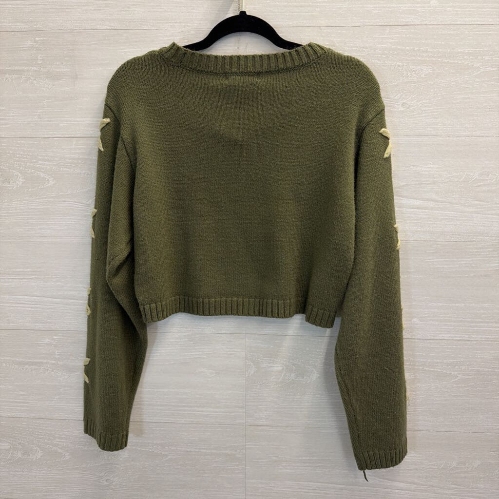 Altar'd State Green/ Cream Sleeve Detail Cropped Sweater Top Medium