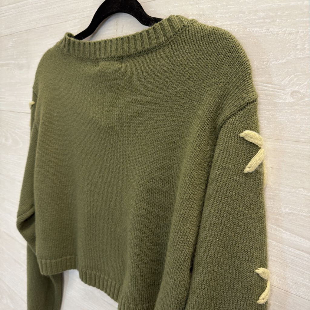 Altar'd State Green/ Cream Sleeve Detail Cropped Sweater Top Medium
