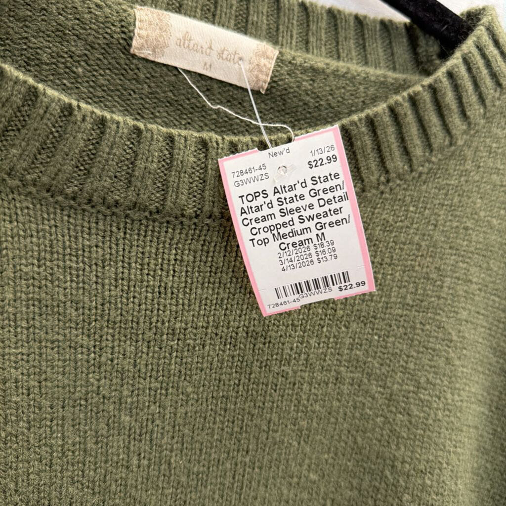 Altar'd State Green/ Cream Sleeve Detail Cropped Sweater Top Medium