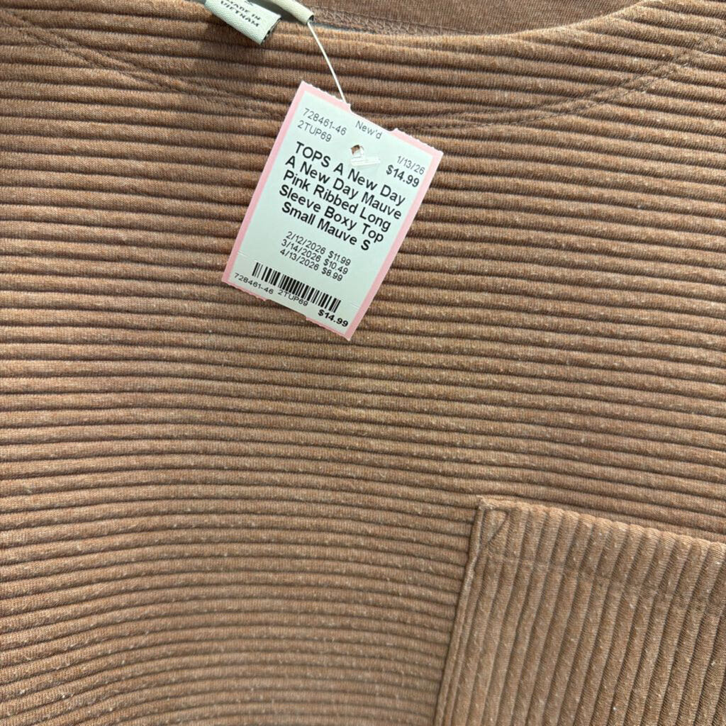 A New Day Mauve Pink Ribbed Long Sleeve Boxy Top Small