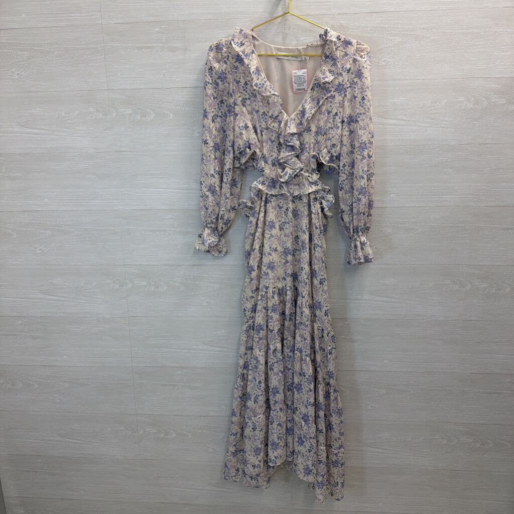 Bishop and Young White/ Blue FLoral Print Long Sleeve Ruffle Detail Maxi Dress Small