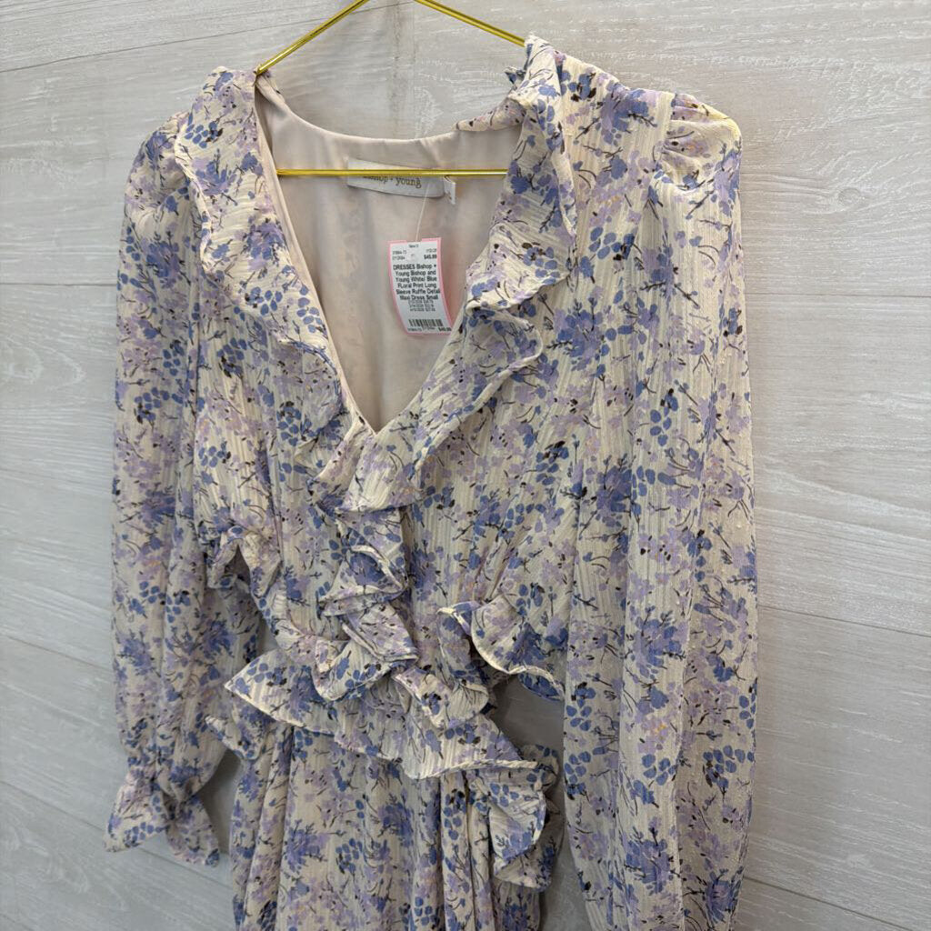 Bishop and Young White/ Blue FLoral Print Long Sleeve Ruffle Detail Maxi Dress Small