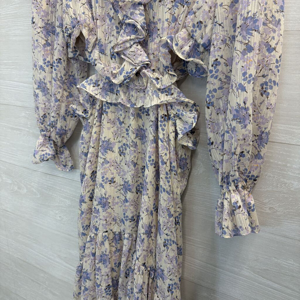 Bishop and Young White/ Blue FLoral Print Long Sleeve Ruffle Detail Maxi Dress Small