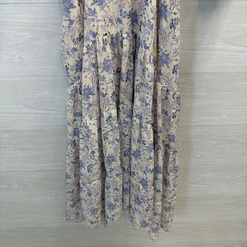 Bishop and Young White/ Blue FLoral Print Long Sleeve Ruffle Detail Maxi Dress Small