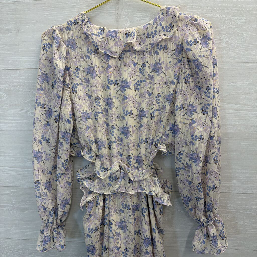 Bishop and Young White/ Blue FLoral Print Long Sleeve Ruffle Detail Maxi Dress Small