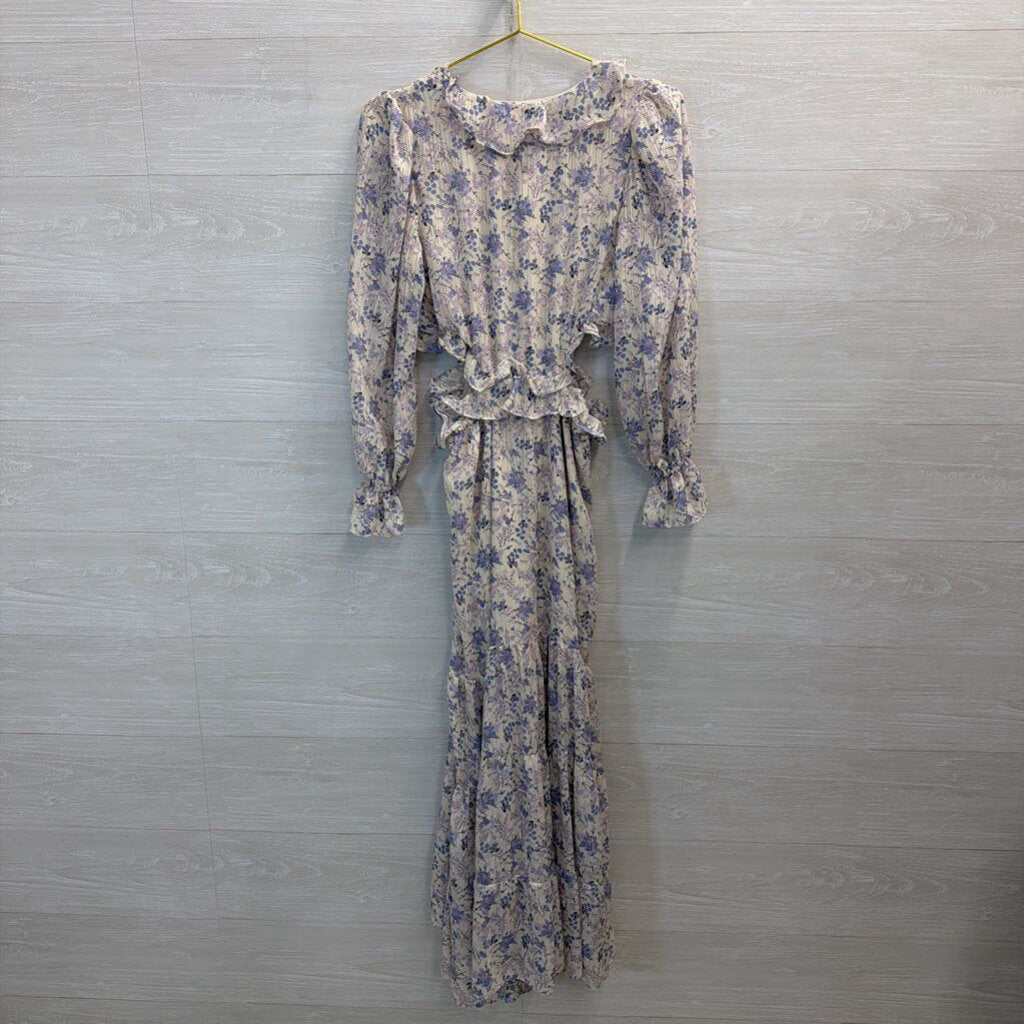 Bishop and Young White/ Blue FLoral Print Long Sleeve Ruffle Detail Maxi Dress Small