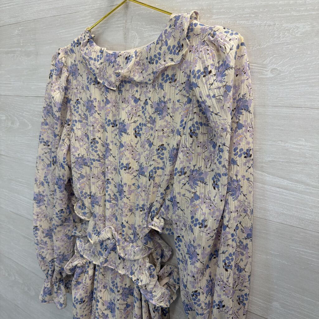 Bishop and Young White/ Blue FLoral Print Long Sleeve Ruffle Detail Maxi Dress Small