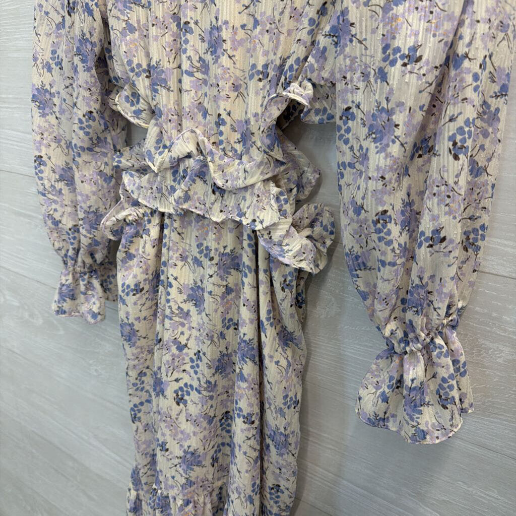 Bishop and Young White/ Blue FLoral Print Long Sleeve Ruffle Detail Maxi Dress Small
