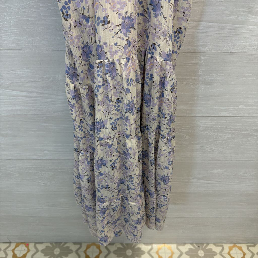 Bishop and Young White/ Blue FLoral Print Long Sleeve Ruffle Detail Maxi Dress Small