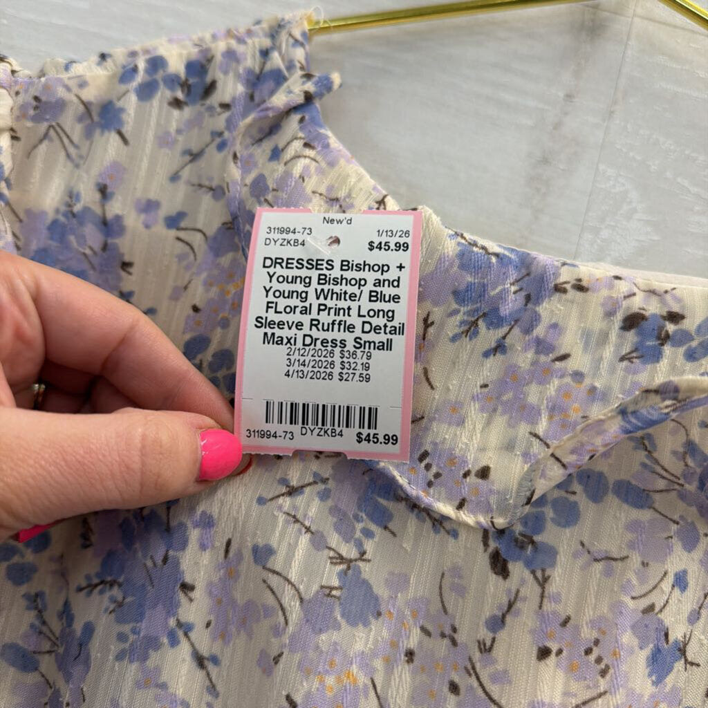 Bishop and Young White/ Blue FLoral Print Long Sleeve Ruffle Detail Maxi Dress Small