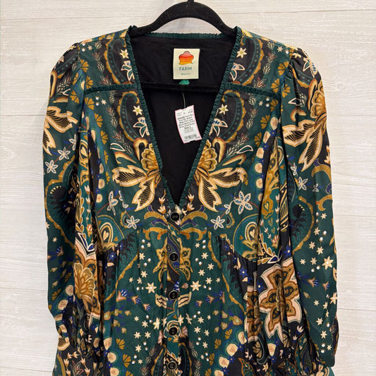 Farm Rio Green/ Beige Print Long Sleeve Button Front Dress Small