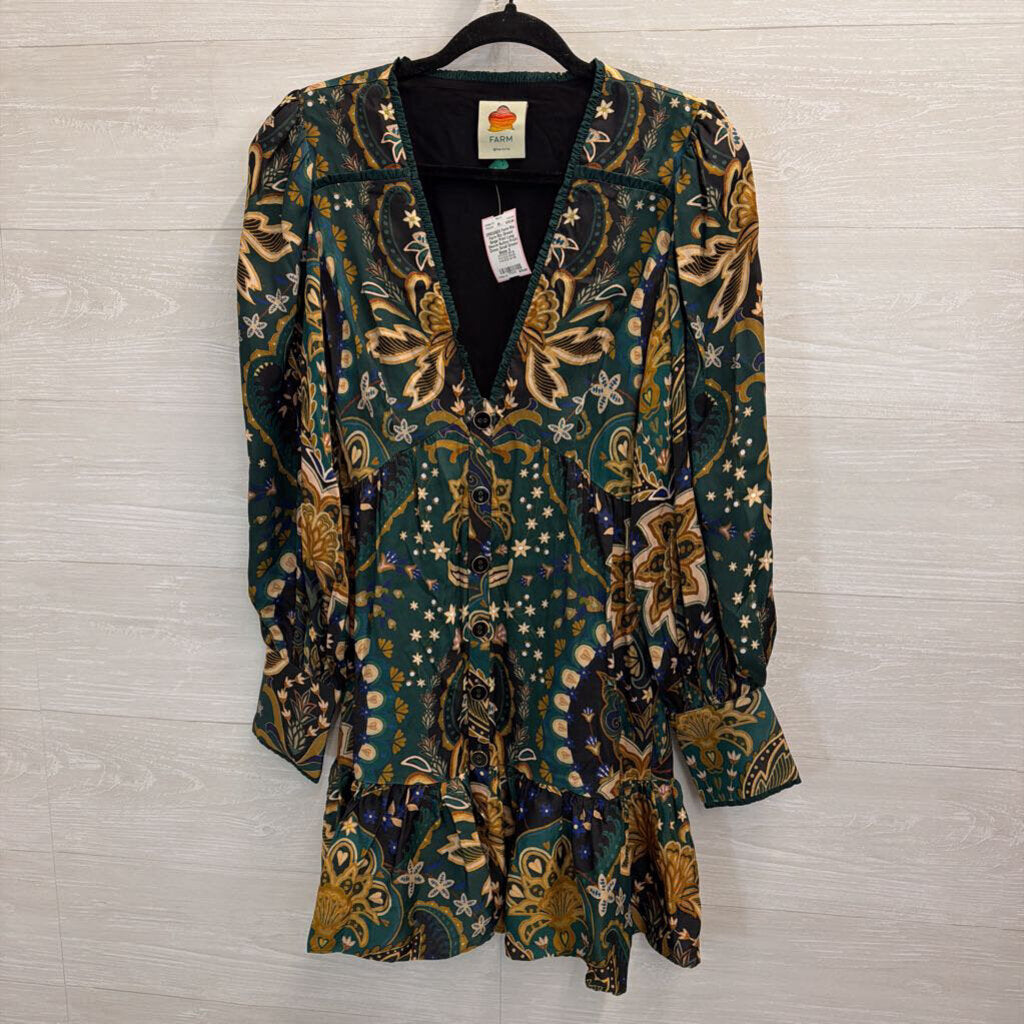 Farm Rio Green/ Beige Print Long Sleeve Button Front Dress Small