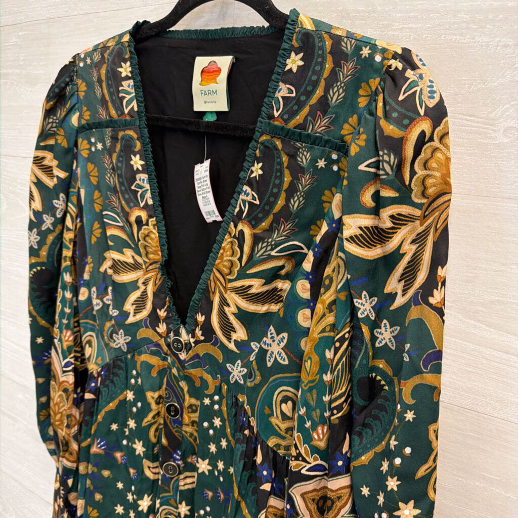 Farm Rio Green/ Beige Print Long Sleeve Button Front Dress Small
