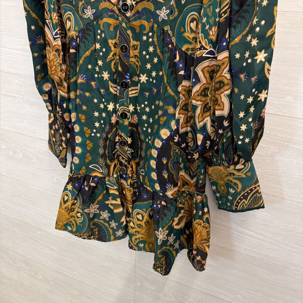 Farm Rio Green/ Beige Print Long Sleeve Button Front Dress Small