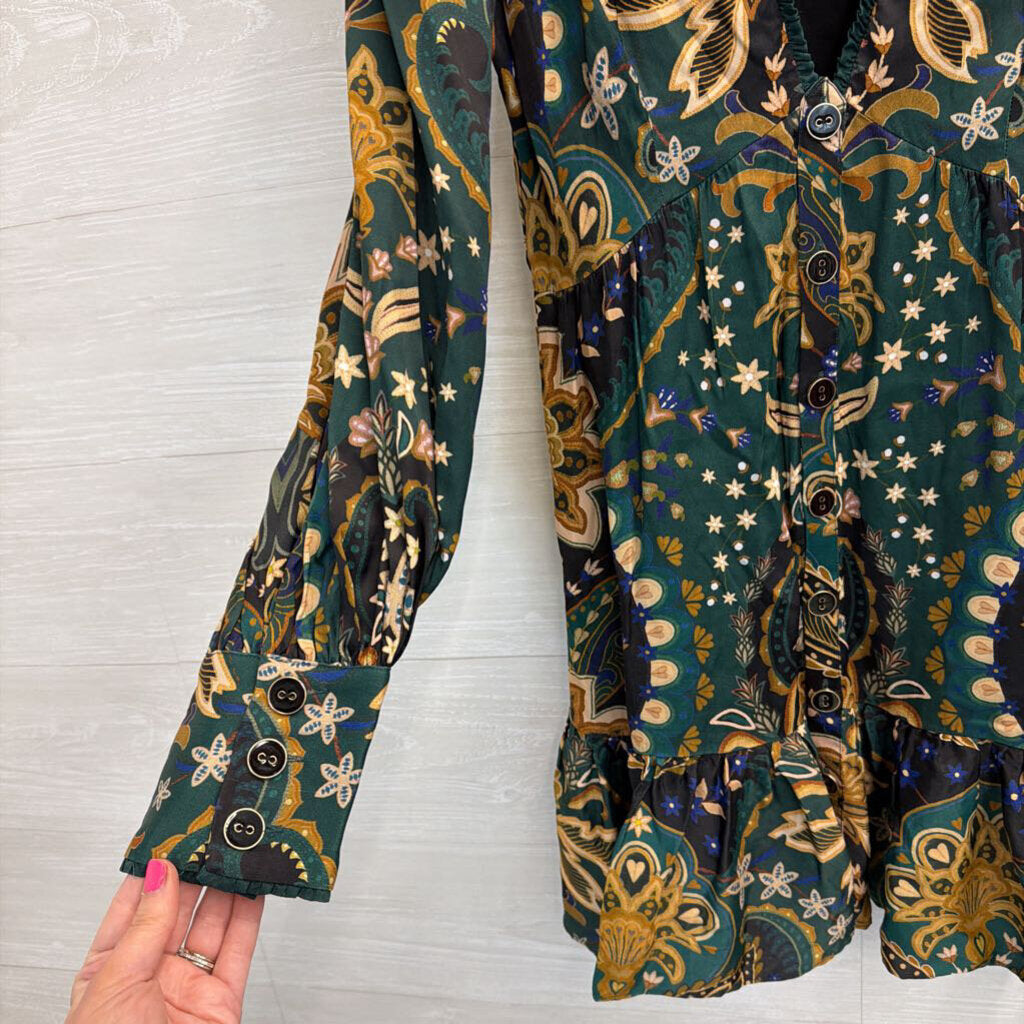 Farm Rio Green/ Beige Print Long Sleeve Button Front Dress Small