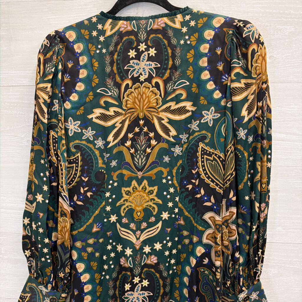 Farm Rio Green/ Beige Print Long Sleeve Button Front Dress Small