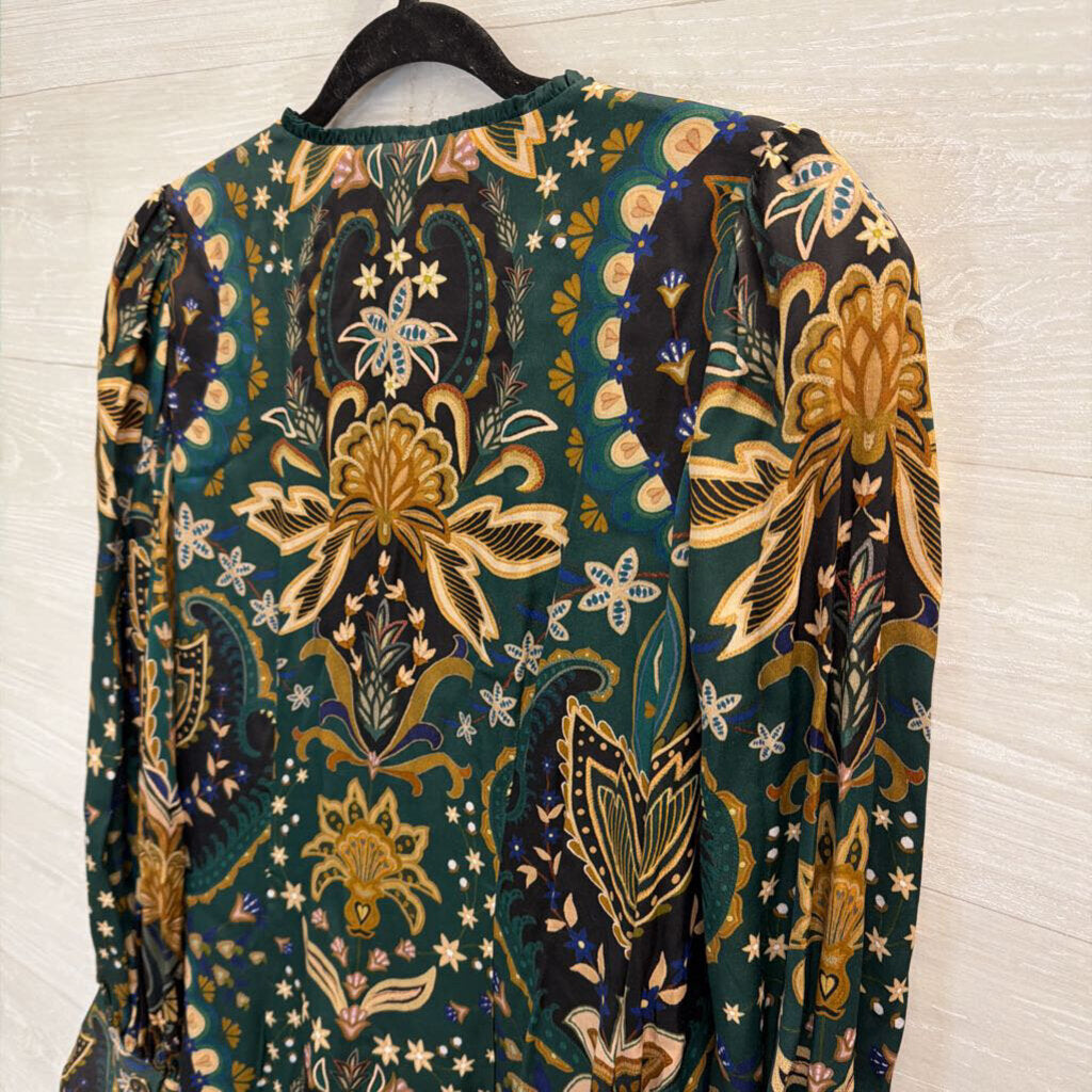 Farm Rio Green/ Beige Print Long Sleeve Button Front Dress Small