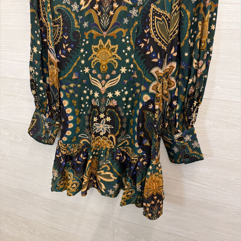 Farm Rio Green/ Beige Print Long Sleeve Button Front Dress Small