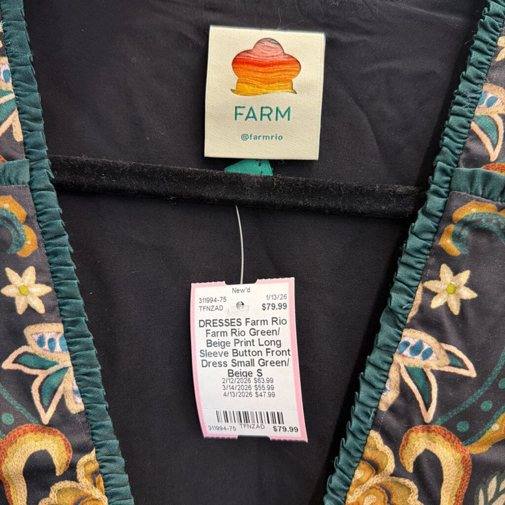 Farm Rio Green/ Beige Print Long Sleeve Button Front Dress Small