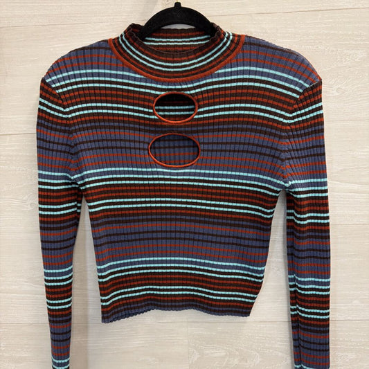 Madden NYC Blue/ Multi Striped Cropped Cut Out Mock Neck Long Sleeve Top Large