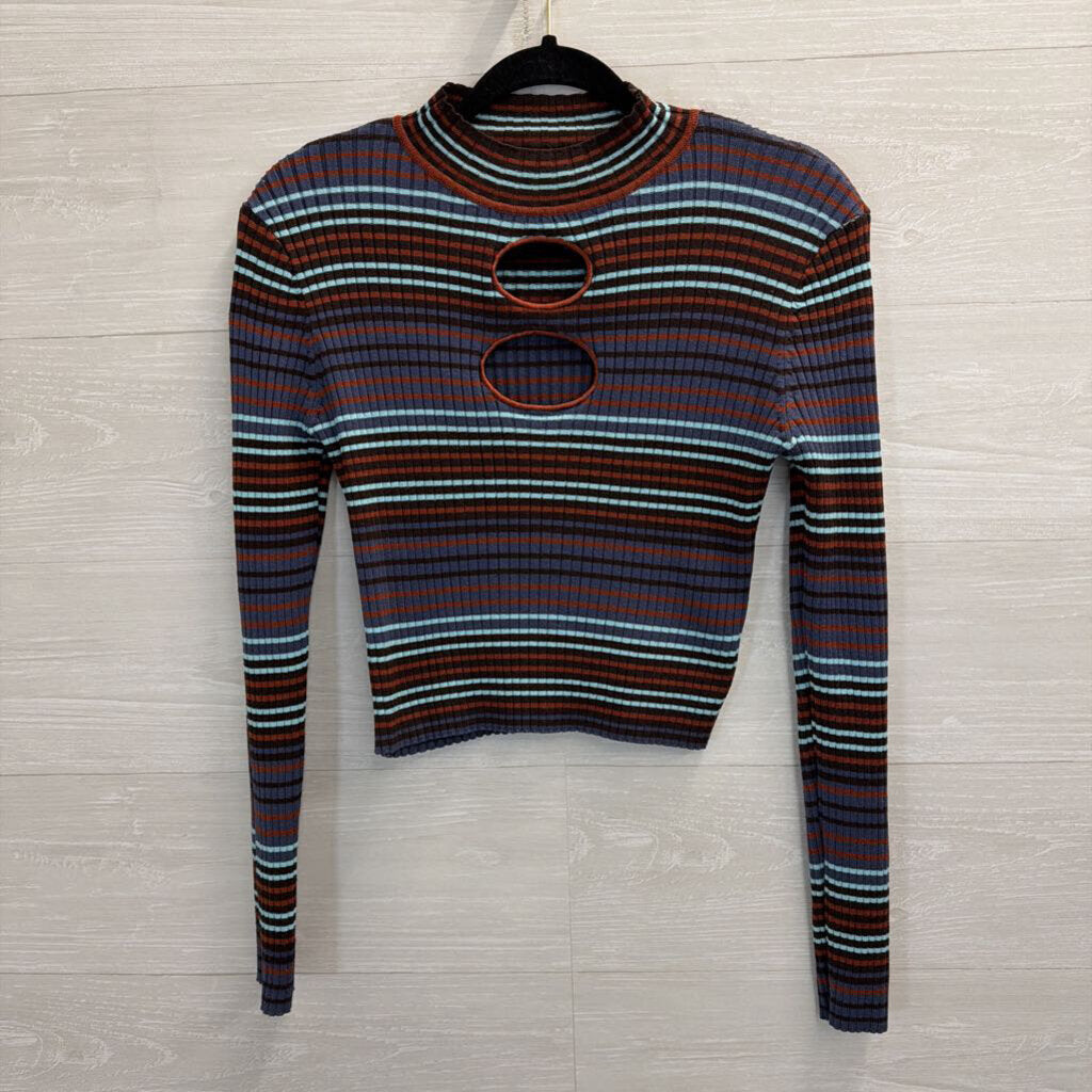 Madden NYC Blue/ Multi Striped Cropped Cut Out Mock Neck Long Sleeve Top Large