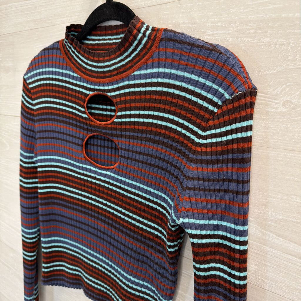 Madden NYC Blue/ Multi Striped Cropped Cut Out Mock Neck Long Sleeve Top Large