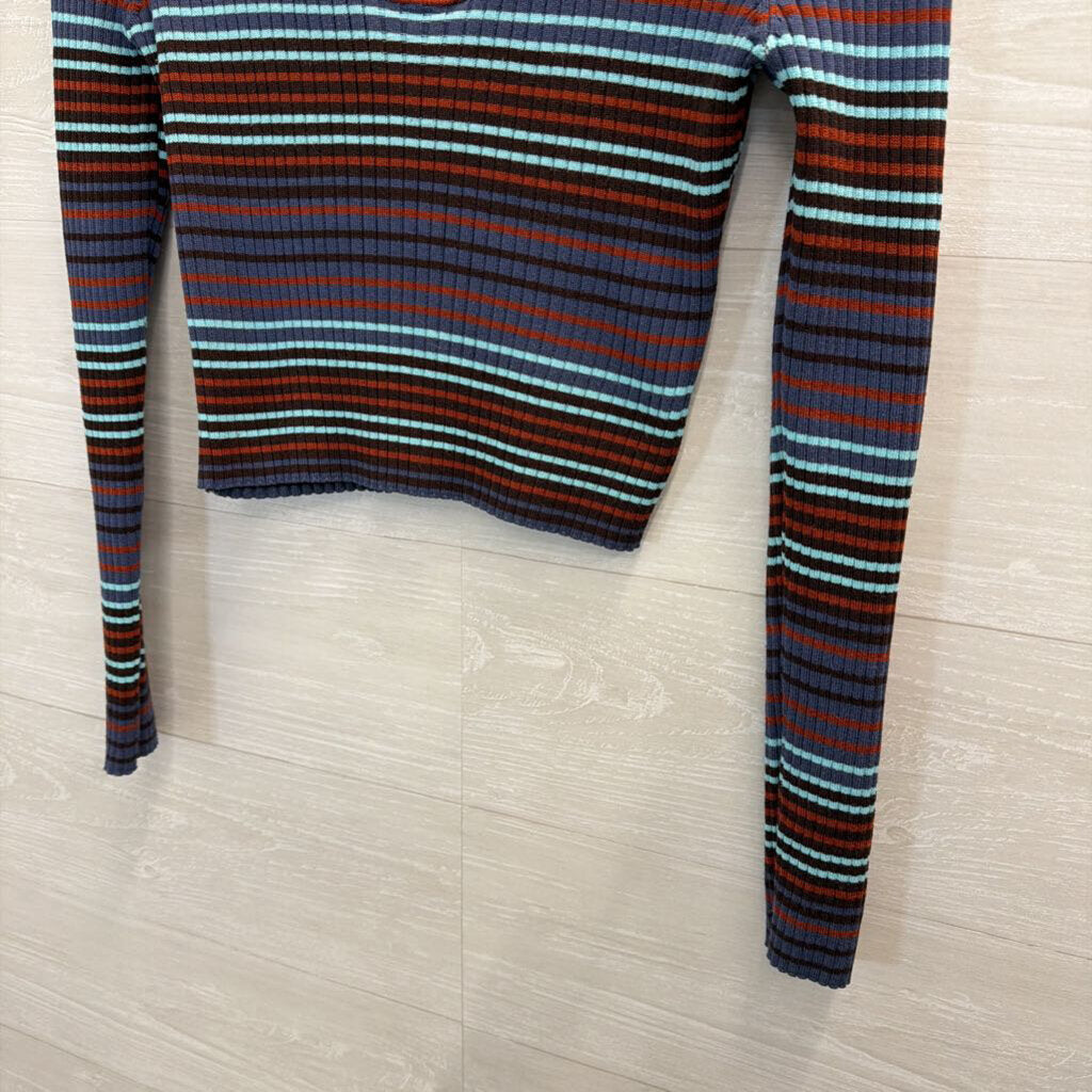 Madden NYC Blue/ Multi Striped Cropped Cut Out Mock Neck Long Sleeve Top Large