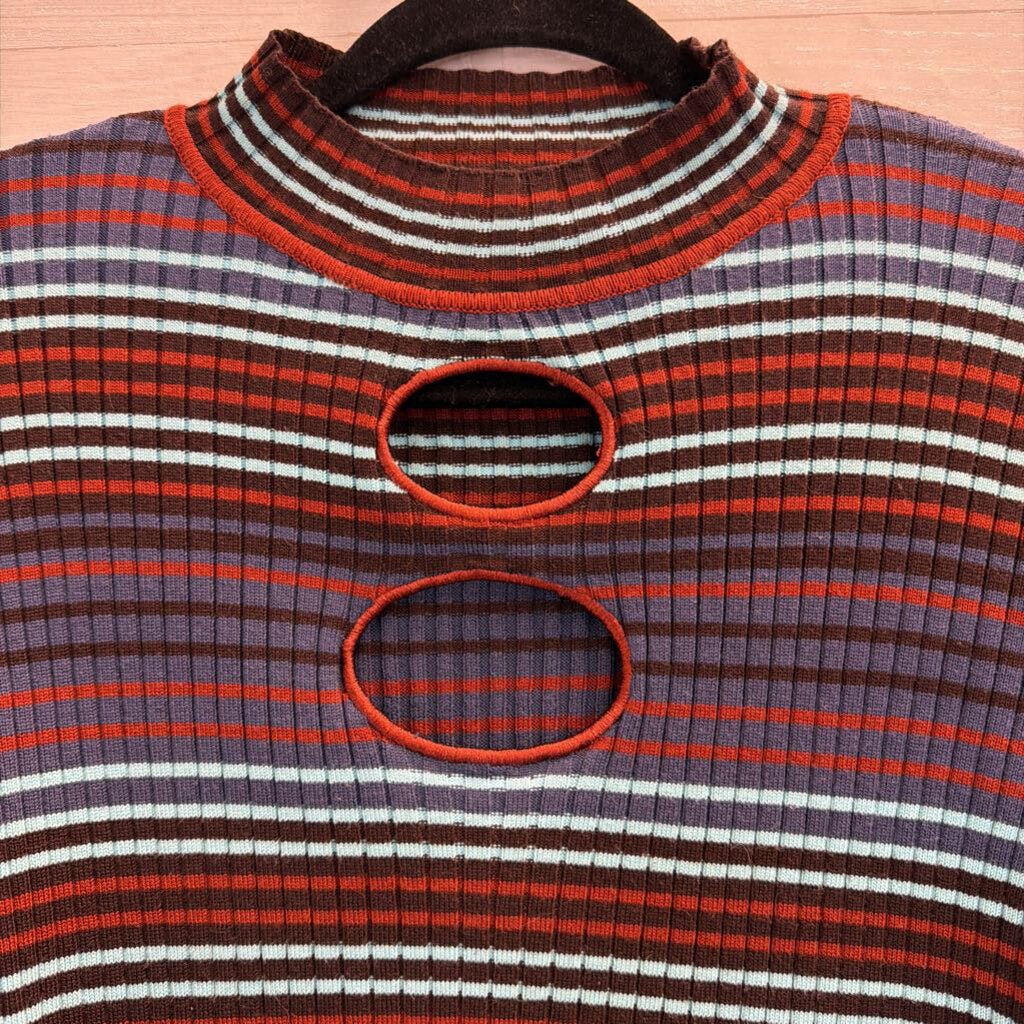 Madden NYC Blue/ Multi Striped Cropped Cut Out Mock Neck Long Sleeve Top Large