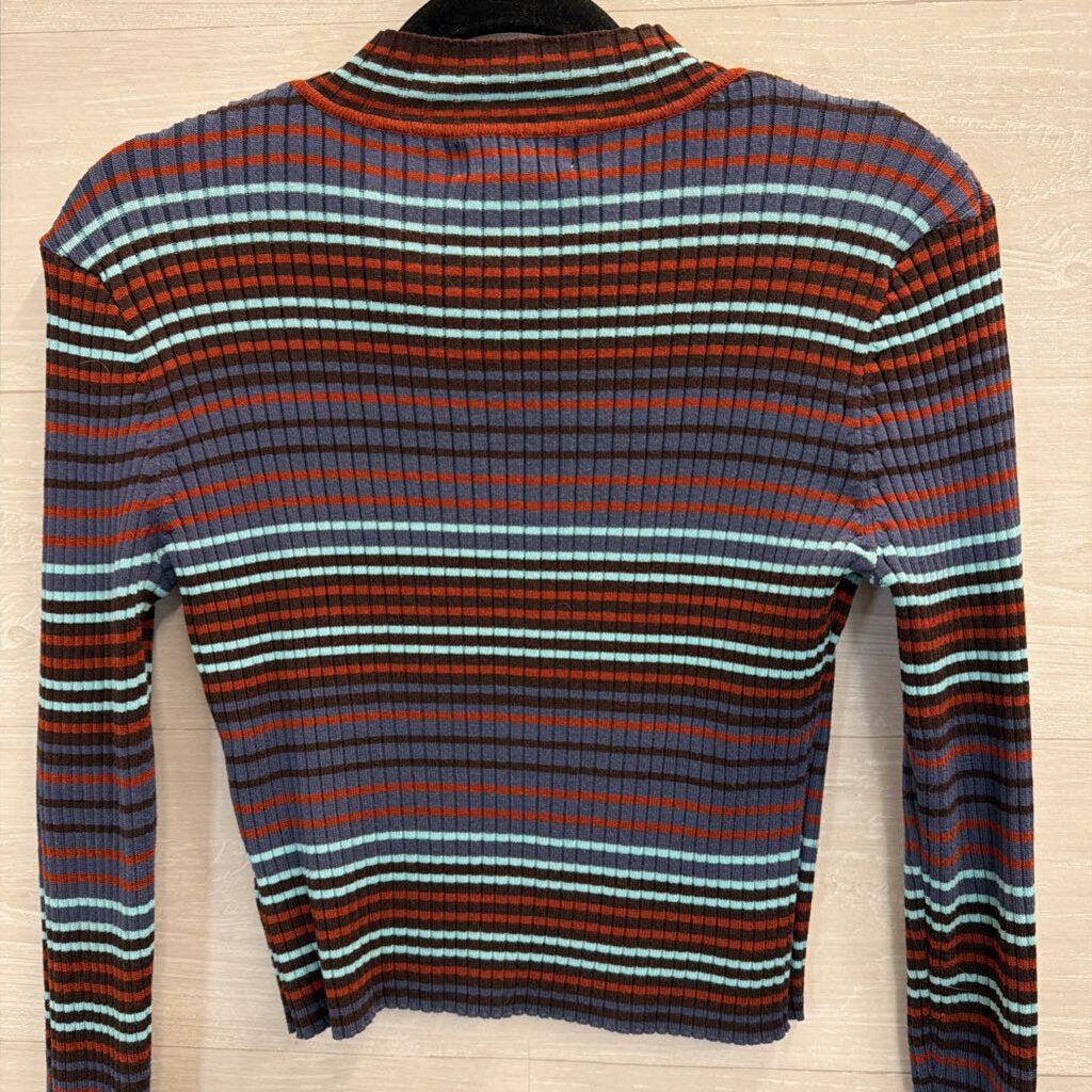 Madden NYC Blue/ Multi Striped Cropped Cut Out Mock Neck Long Sleeve Top Large