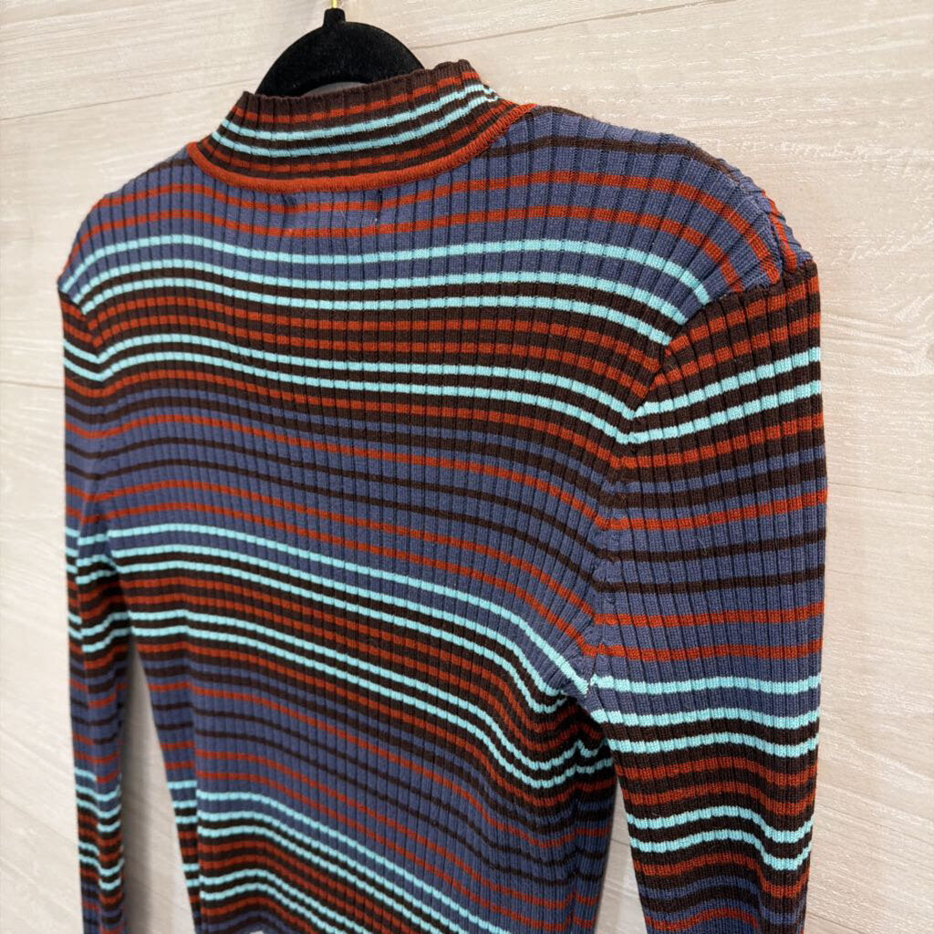 Madden NYC Blue/ Multi Striped Cropped Cut Out Mock Neck Long Sleeve Top Large