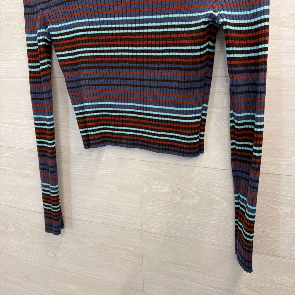 Madden NYC Blue/ Multi Striped Cropped Cut Out Mock Neck Long Sleeve Top Large