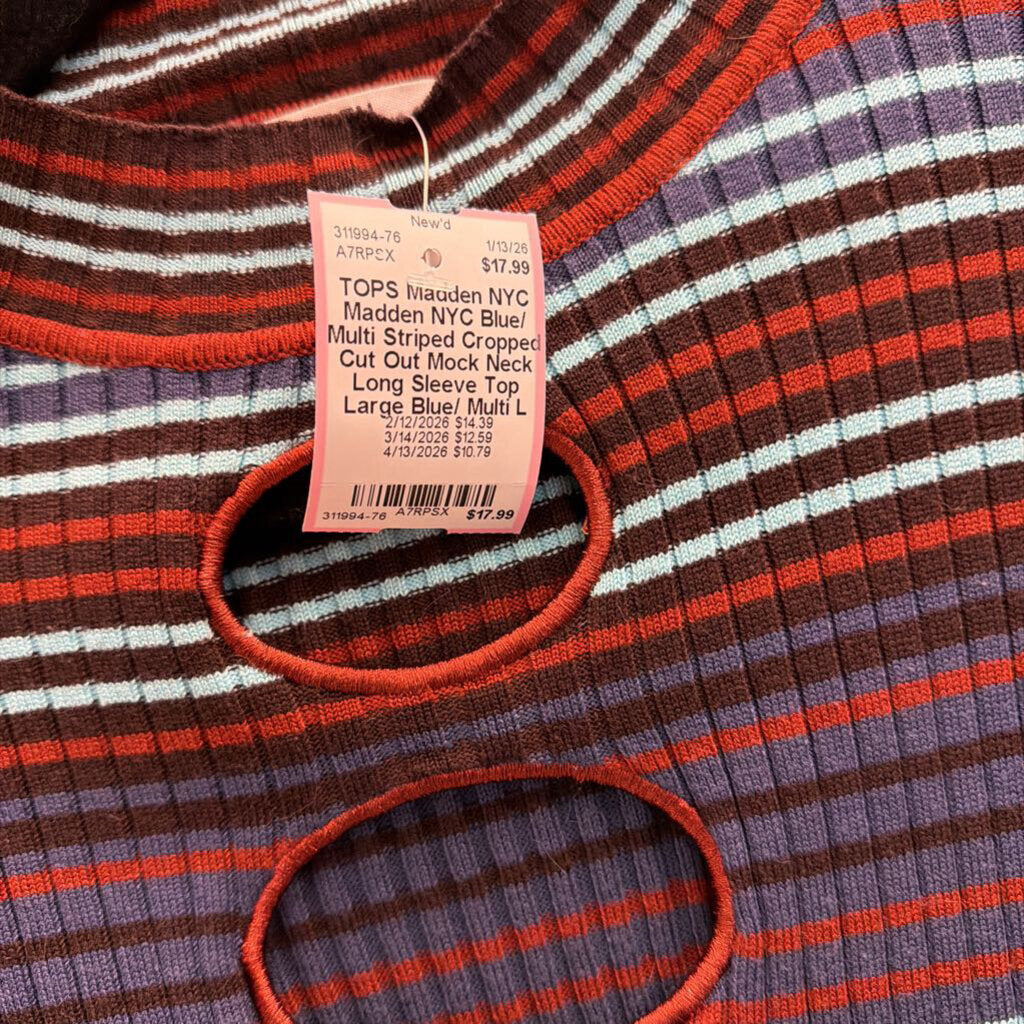 Madden NYC Blue/ Multi Striped Cropped Cut Out Mock Neck Long Sleeve Top Large