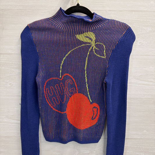 BDG Blue/ Red Cherry Hug Knit Print Cropped Mock Neck Sweater Small
