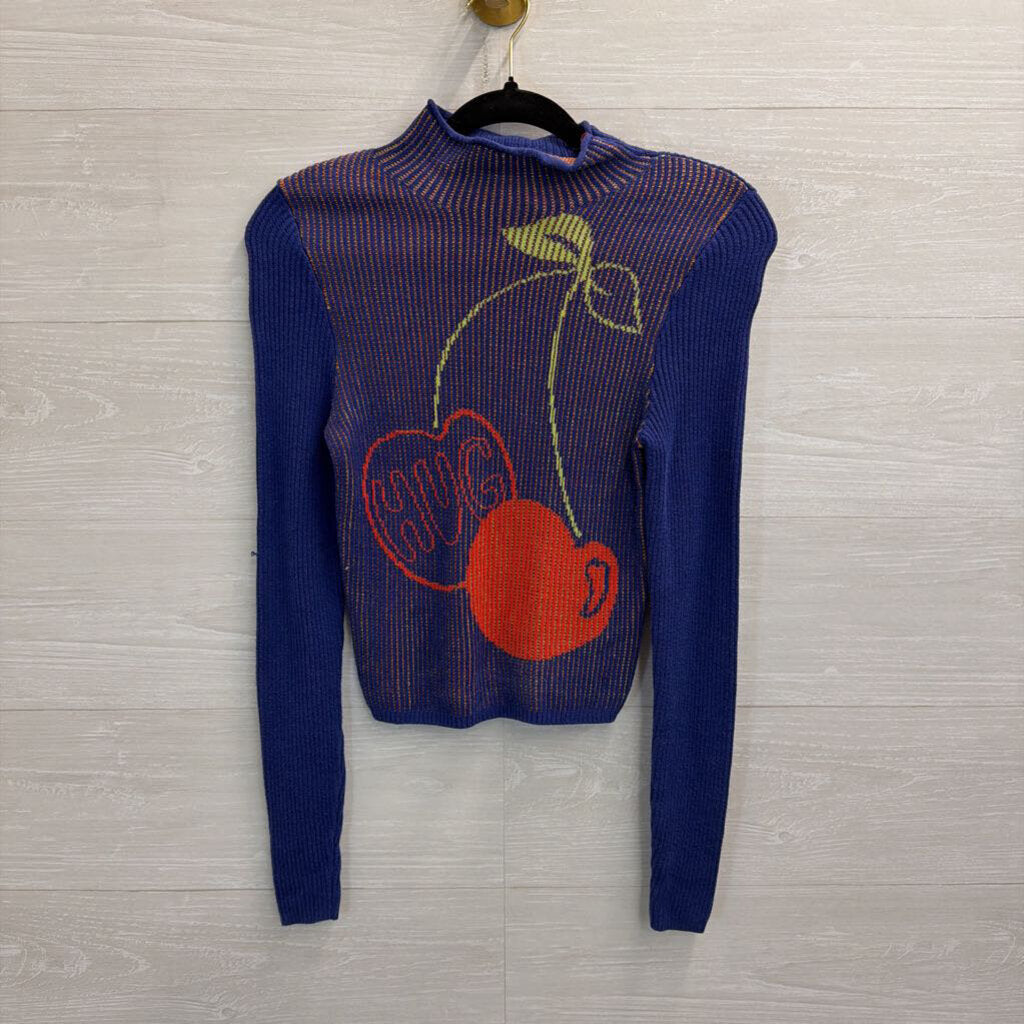BDG Blue/ Red Cherry Hug Knit Print Cropped Mock Neck Sweater Small