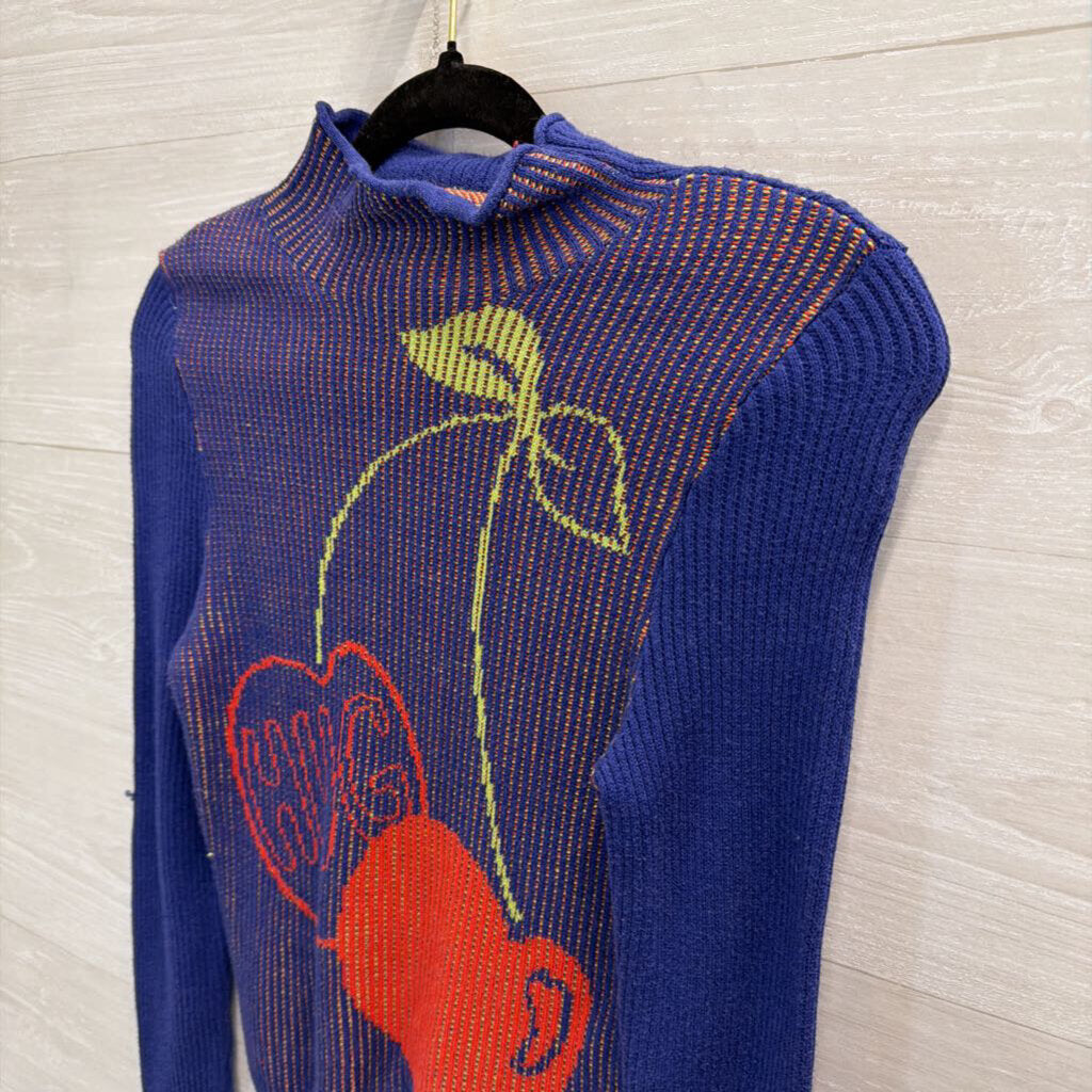 BDG Blue/ Red Cherry Hug Knit Print Cropped Mock Neck Sweater Small