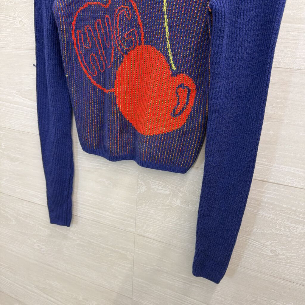 BDG Blue/ Red Cherry Hug Knit Print Cropped Mock Neck Sweater Small