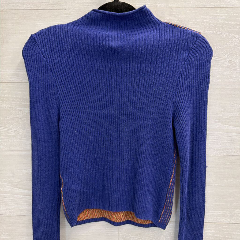 BDG Blue/ Red Cherry Hug Knit Print Cropped Mock Neck Sweater Small